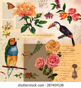 Vintage Background Design With Roses And Other Flowers, Birds, Butterflies, An Old Newspaper Clipping In English, A French Quote About Flower Language, Some Spanish Handwritten Text And Other Elements