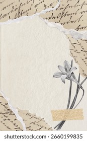 Vintage background with torn paper and script. Beige background with textured beige paper and handwritten script, featuring a floral sketch. Autumn background with copy space, Autumn aesthetic.