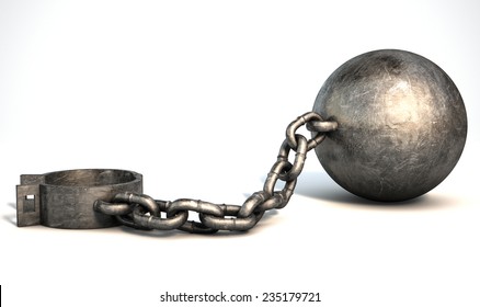 A vintage ball and chain with an open shackle on an isolated white studio background