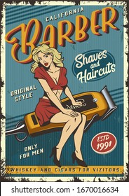 Vintage barbershop poster with pin up attractive blonde woman sitting on barber electric hair clipper  illustration
