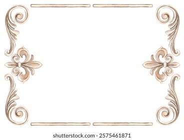 Vintage baroque frame in the form of a rectangular border with a pattern of swirls and curls. Watercolor illustration frame for wedding, Valentine's Day, anniversary, birthday, cards, posters, banners