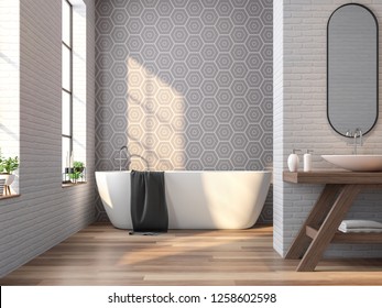 Vintage bathroom 3d rendering image,There are wood floor,white brick and gray tile wall ,Decorate with wooden basin table,The room has large windows. Sunlight shining into the room.