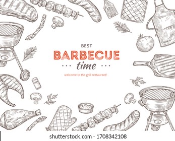 Vintage Bbq Poster. Barbeque Doodle Grill Chicken Barbecue Grilled Vegetables Fried Steak Meat Picnic Summer Party Invitation