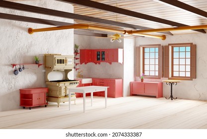 Vintage Big Kitchen Early 20th Century With Gas Stove, Old-fashioned Style, Loft. 3d Illustration.