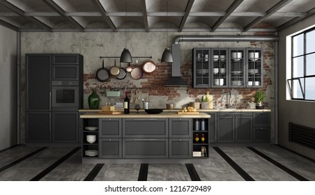 Vintage Black Kitchen With Island In A Loft - 3d Rendering