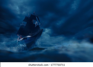 VIntage black pirate ship sailing at sea ( 3D illustration, Rendering )