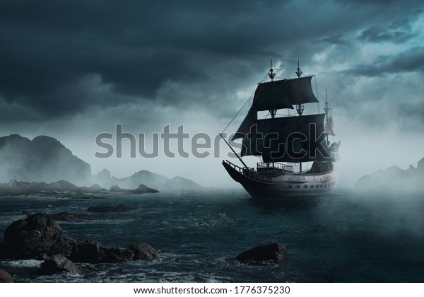 海を航行する黒い海賊船 3dイラスト レンダリング のイラスト素材