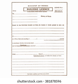  Vintage blank Building Licence, aka Planning Permission or Building Permit for construction works vintage
