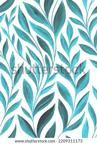 Vintage blue nature seamless pattern. Watercolor painting blue twigs with leaves on white background. Template for design, textile, wallpaper, bedding, ceramics.