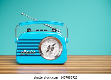 Vintage Blue Radio Receiver On Wood Table. Wallpaper 3d