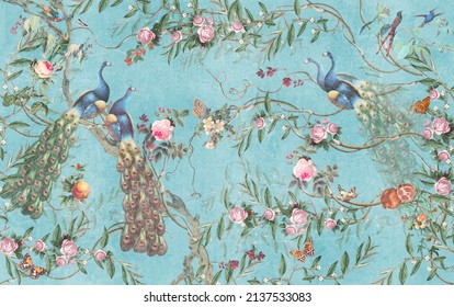 Vintage blue wallpaper with vegetation, peonies, pomegranates, butterflies and peacocks

