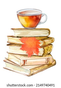 Vintage book stack   cup tea  Autumn reading concept design  School themed design  Book lover illustration Bookworm clipart isolated white 