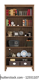 Vintage Bookcase With Books And Objects Isolated On White - Rendering