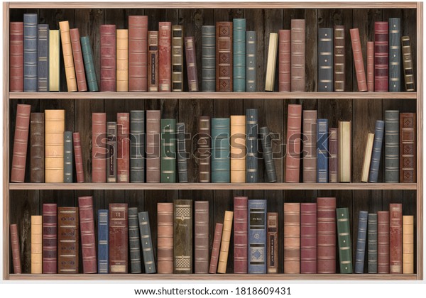 Vintage books on old wooden shelf library wallpaper. 