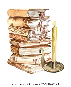 Vintage Books Stack And Candle. Watercolor Hand Painted School Concept Illustration. Book Lover Design. Education Themed Clipart.