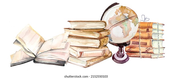 Vintage Books Stacks And Globe. Watercolor Hand Painted School Concept Illustration. Book Lover Design. Education Themed Clipart.