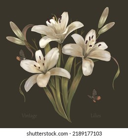 Vintage botanical illustration  Flower poster and luxurious white lilies   butterflies  Handmade aquatic drawing  realistic graceful flowers  Interior poster  print  canvas design