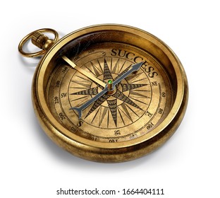 Vintage brass compass isolated on white background 3d rendering