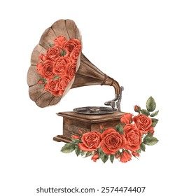 Vintage bronze old gramophone, flowers growing from the pipe and red velvet roses around it. Watercolor hand drawn illustration suitable for Valentine's Day, weddings, invitations, romantic designs