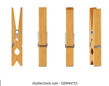 Vintage brown wooden clothespins, pegs illustration on white background.
