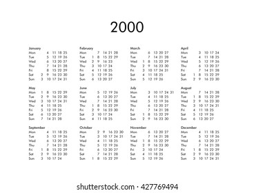 Vintage Calendar Of Year 2000 With All Months