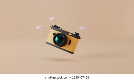 Vintage camera isolated on yellow background. travel concept. minimal style with copy space. 3d rendering.
