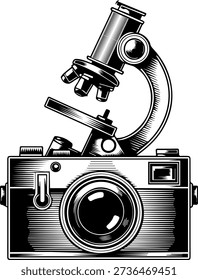 A vintage camera with a microscope lens attached, showcasing a blend of old and new technology.