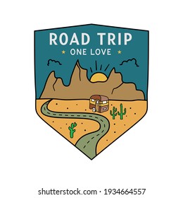 Vintage Camping RV Logo, Adventure Emblem Illustration Design. Outdoor Road Trip Label With Camper Trailer And Text - Road Trip One Love. Unusual Linear Hipster Style Sticker. Stock .