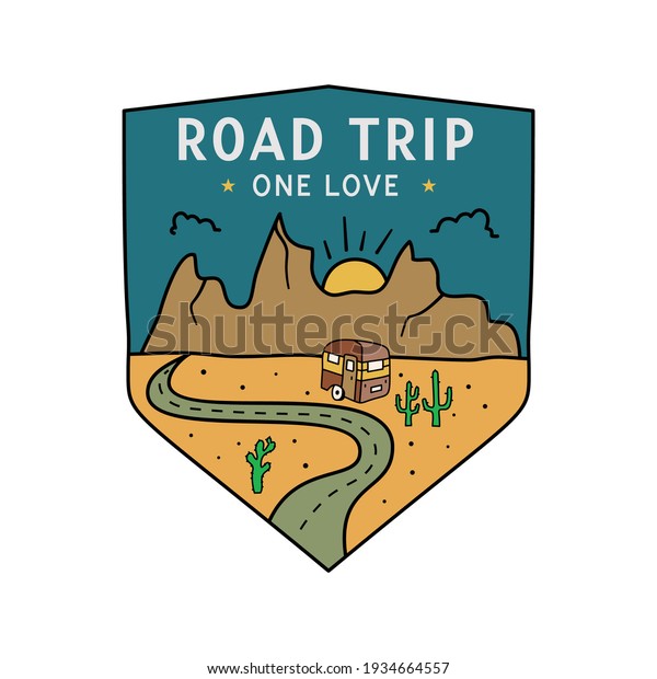 Vintage\
camping RV logo, adventure emblem illustration design. Outdoor road\
trip label with camper trailer and text - Road trip One love.\
Unusual linear hipster style sticker. Stock\
.