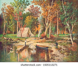 Vintage Camping Scene Woods Forest Landscape Painting Illustration