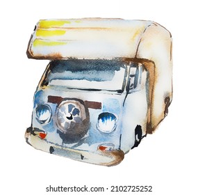 Vintage Camping Van Clipart Isolated On A White Background. Watercolor Hand Painted Tourist Concept Illustration. Happy Camper Design. Camping Branding.