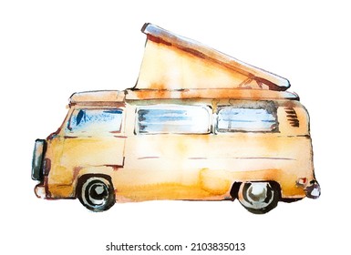 Vintage Camping Van Clipart Isolated On A White Background. Watercolor Hand Painted Tourist Concept Illustration. Happy Camper Design. Camping Branding.