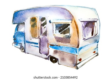 Vintage Camping Van Clipart Isolated On A White Background. Watercolor Hand Painted Tourist Concept Illustration. Happy Camper Design. Camping Branding.