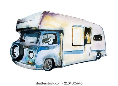 Vintage Camping Van Clipart Isolated On A White Background. Watercolor Hand Painted Tourist Concept Illustration. Happy Camper Design. Camping Branding.