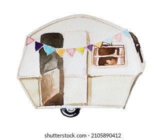 Vintage Camping Van Clipart Isolated On A White Background. Watercolor Hand Painted Tourist Concept Illustration. Happy Camper Design. Camping Branding.