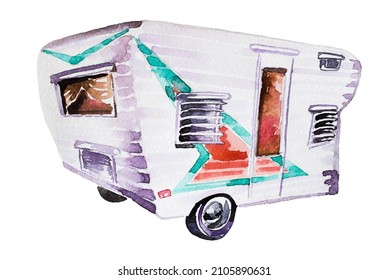 Vintage Camping Van Clipart Isolated On A White Background. Watercolor Hand Painted Tourist Concept Illustration. Happy Camper Design. Camping Branding.