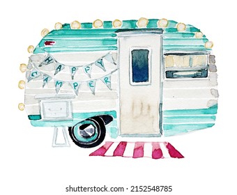 Vintage Camping Van Clipart Isolated On A White Background. Watercolor Hand Painted Tourist Concept Illustration. Happy Camper Design. Camping Branding.