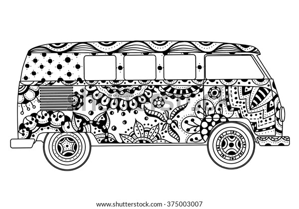 Vintage car a mini van in Tangle Patterns\
style. Hand drawn image. Monochrome art illustration. The popular\
bus model in the environment of the followers of the hippie\
movement.