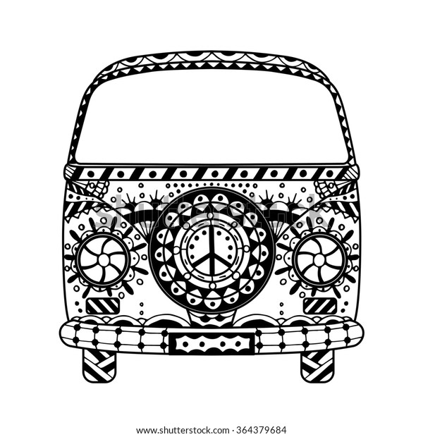 Vintage car a mini van\
in zentangle style. Hand drawn image. Monochrome Art illustration.\
The popular bus model in the environment of the followers of the\
hippie movement.