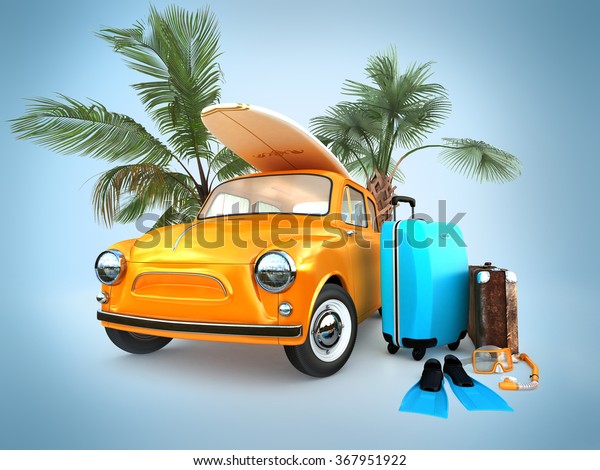 Vintage car on the\
beach with a\
surfboard