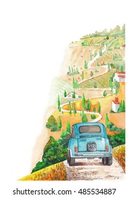 Vintage car rides on a winding road. Corner illustration for design.