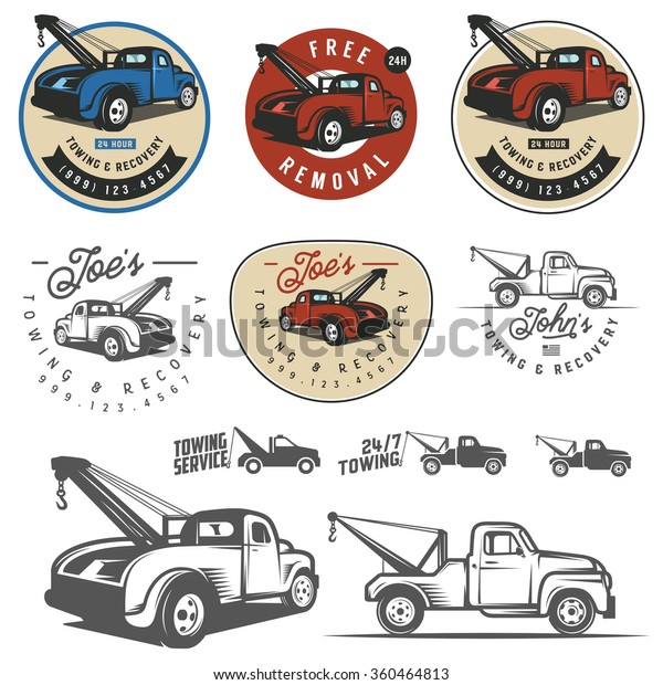 Vintage\
car tow truck emblems, labels and design\
elements