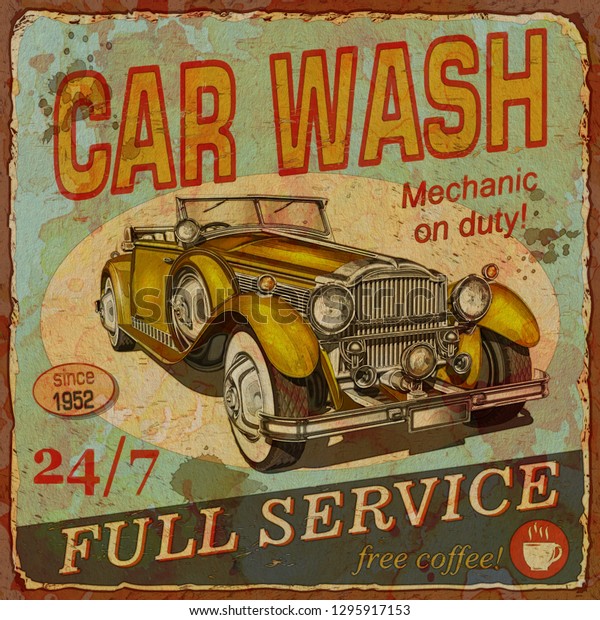 Vintage  Car Wash \
poster with retro\
car.