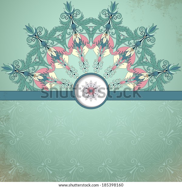 Vintage card. Floral round pattern.\
Fantasy flowers with leaves and berries.  Place for your text.\
Perfect for greetings, invitations or\
announcements.