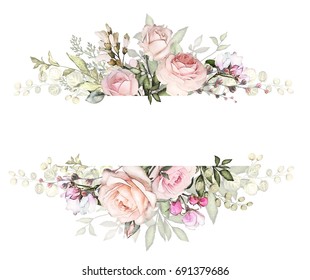Vintage Card, Watercolor wedding invitation design with pink rose, bud and leaves. wild flower, background with floral elements for text, watercolor background. Template. frame