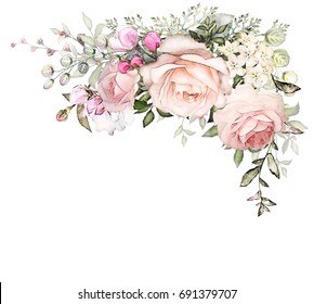 Vintage Card, Watercolor wedding invitation design with pink rose, bud and leaves. branch flower, background with floral elements for text, watercolor background. Template. frame