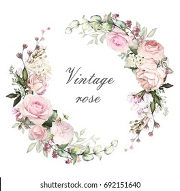 Vintage Card, Watercolor wedding invitation design with pink roses, bud, leaves. flower, background with floral elements for text, watercolor background. Template. wreath, round frame 