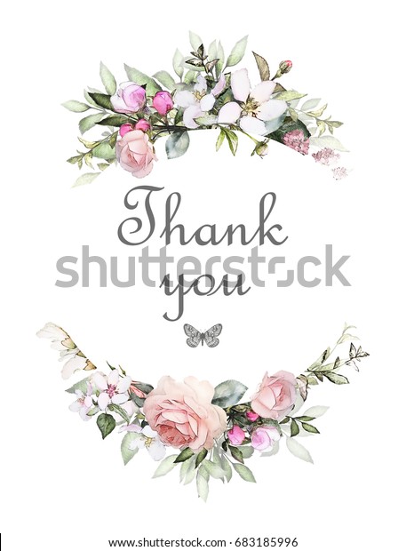 复古卡 水彩婚礼邀请设计与粉红玫瑰 花蕾和叶子 花 背景与花卉元素的文本 水彩背景 模板 花圈 圆框库存插图