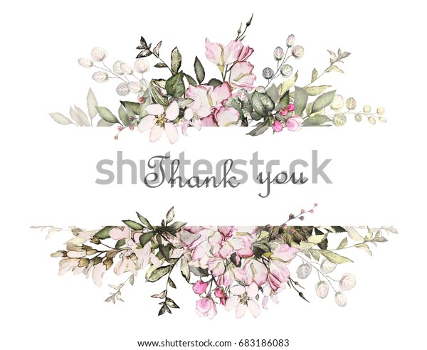 ビンテージカード ピンクの花 つぼみ 葉を使った水彩の結婚式の招待状デザイン テキスト用の花柄のエレメントを持つ背景に野生の花 水の色の背景 テンプレート フレーム のイラスト素材