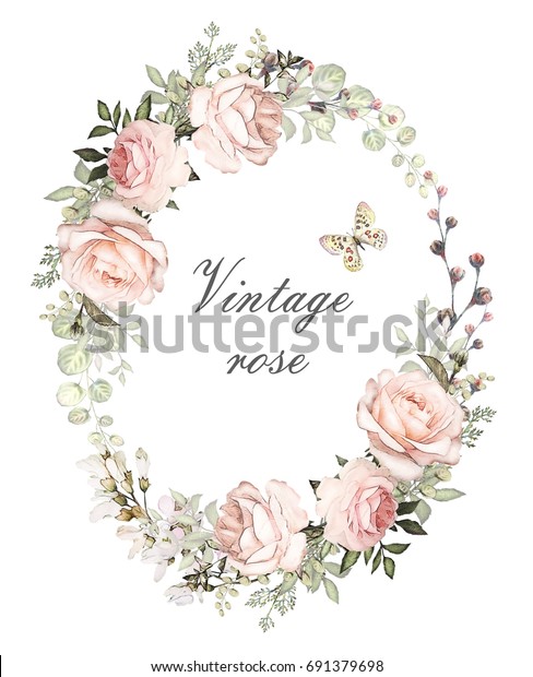 ビンテージカード ピンクのバラ つぼみ 葉を使った水彩の結婚式の招待状デザイン テキスト用の花柄のエレメントを持つ背景に花 水の色の背景 テンプレート 丸い枠の花輪 のイラスト素材